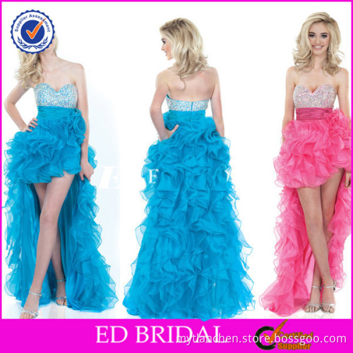 YW128 Teal Bling Bling Beaded Crystals Organza Ruffle Skirt Short Front Long Back Prom Dress
